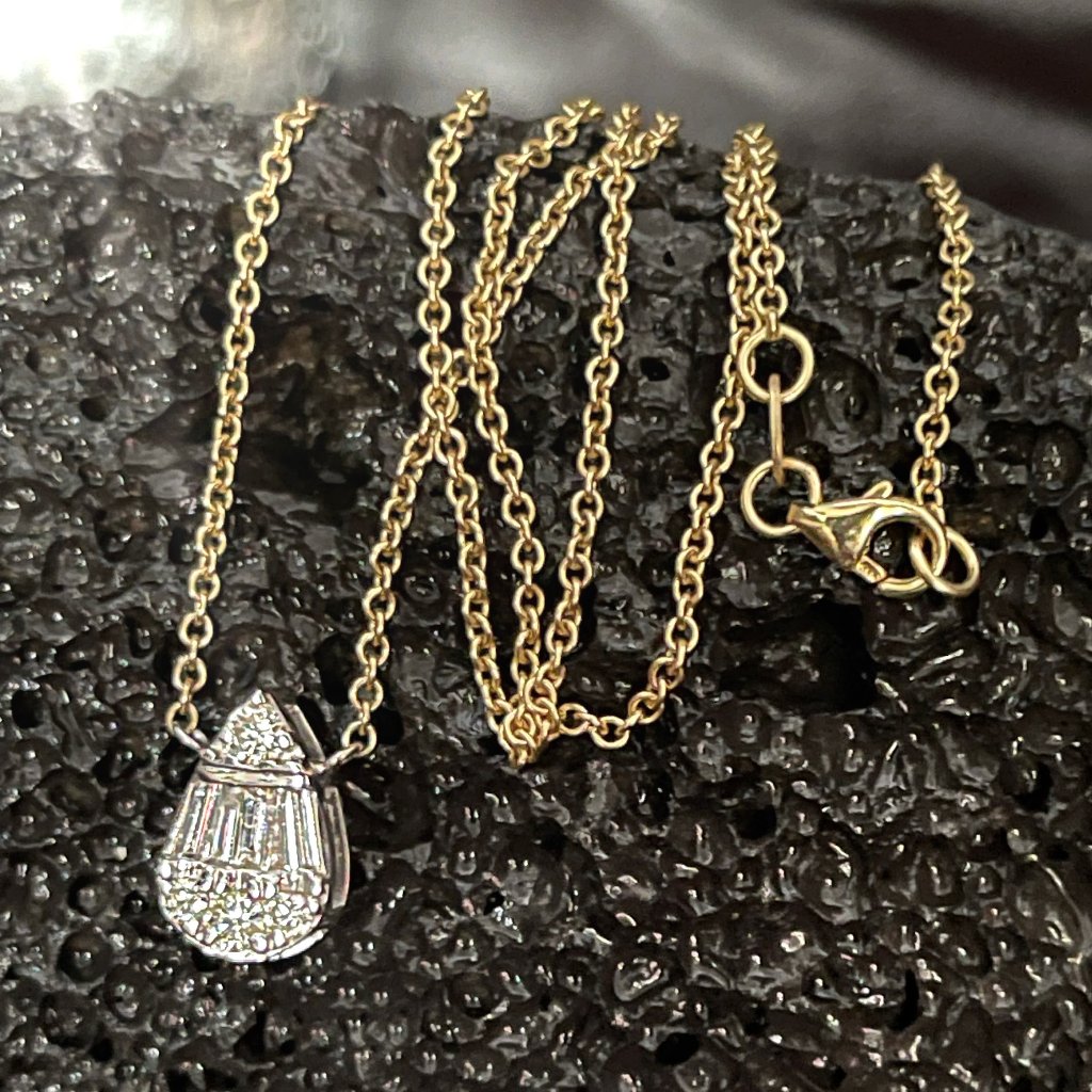 Teardrop Baguette Diamond 14k Or 18k Upon Request Yellow Gold Pendant Necklace 1150$
